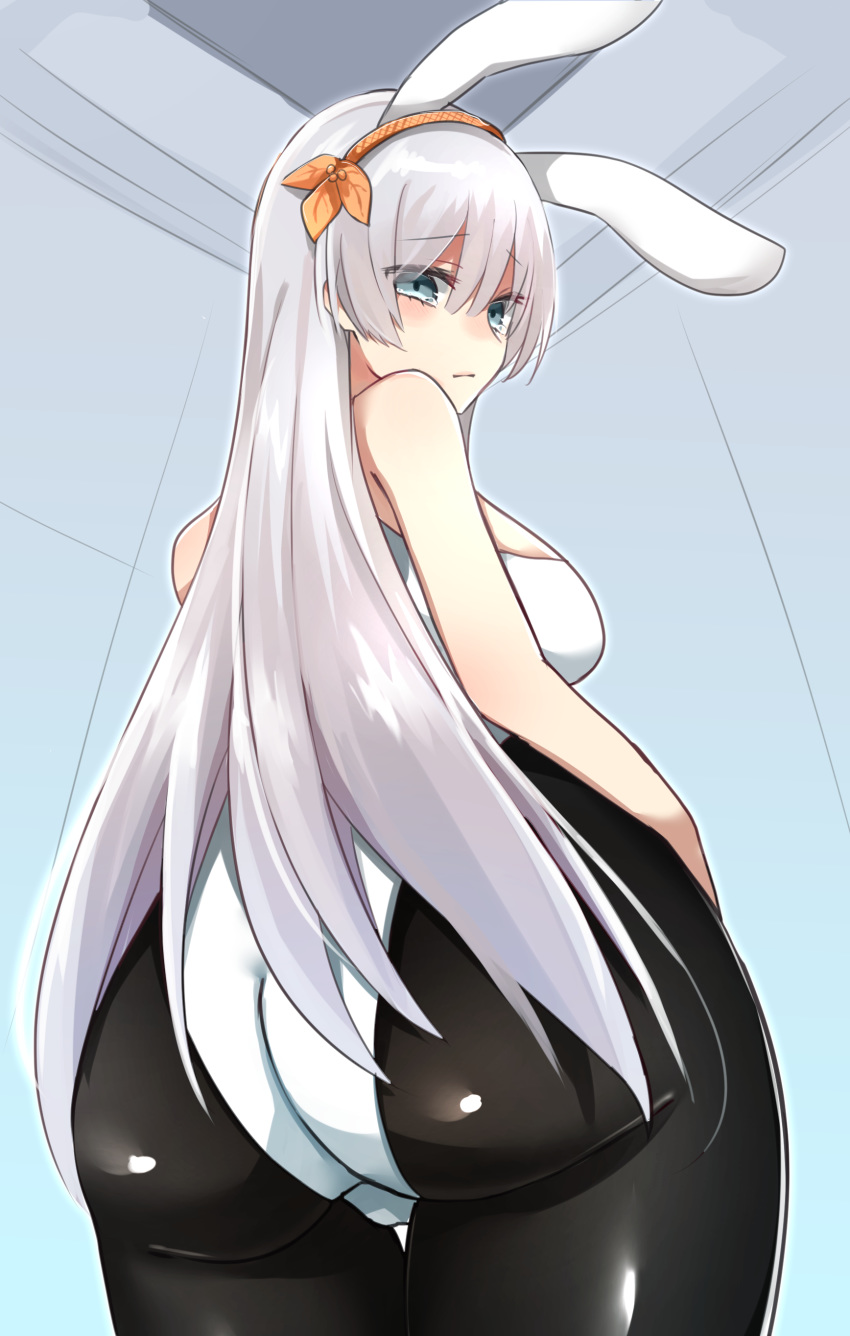 1girl, absurdres, alternate_costume, anastasia_(fate/grand_order), animal_ears, ass, black_legwear, blue_eyes