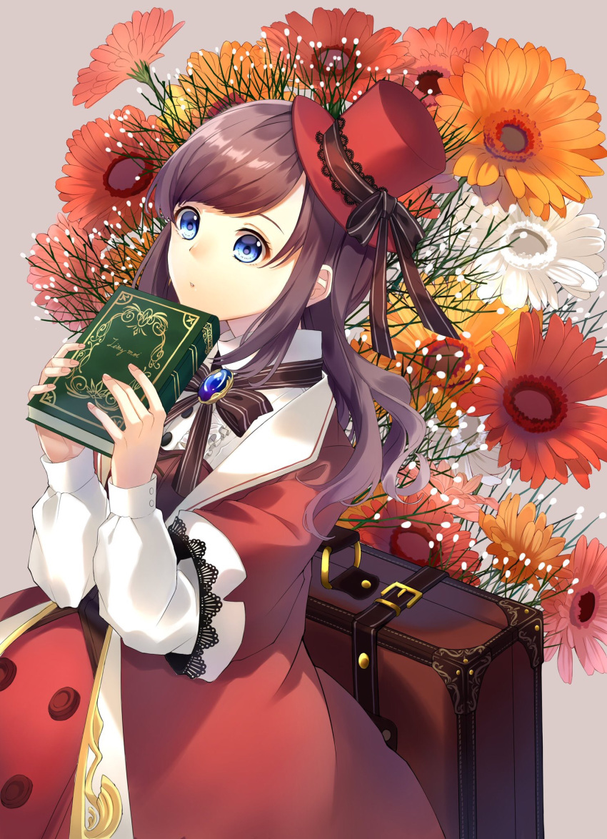 1girl, blue_eyes, book, brooch, brown_hair, brown_ribbon, dress, flower
