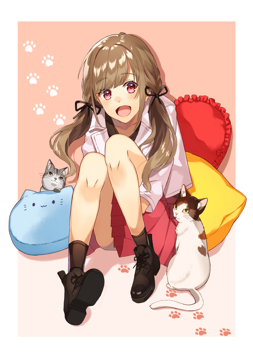 1girl, :d, absurdres, brown_footwear, brown_hair, brown_legwear, cat, cat_pillow