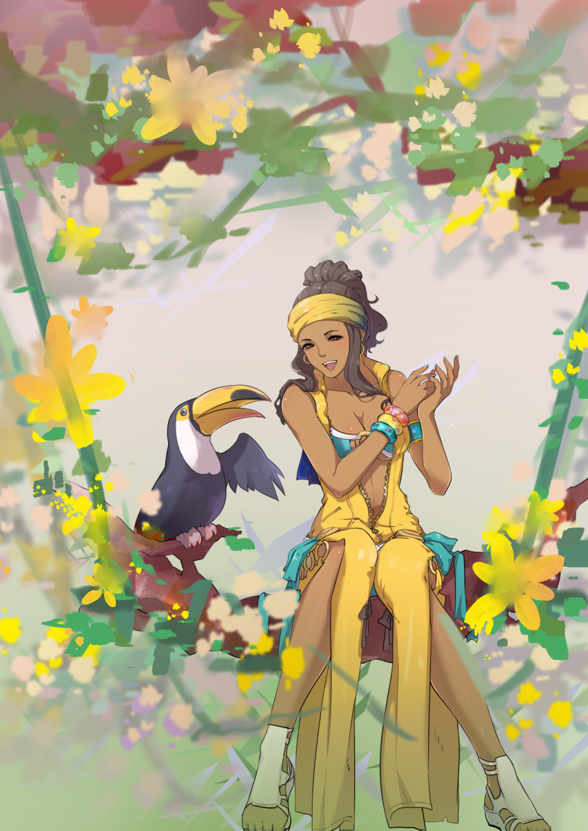 1girl, bird, black_hair, breasts, coco_(kof), earrings, headband, highres