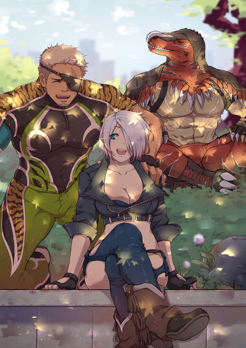 1girl, 2boys, angel_(kof), animal_print, blue_eyes, boots, breasts, chaps, cowboy_boots, crossed_legs, dinosaur_costume, eyepatch, fingerless_gloves, gloves, highres, king_of_dinosaurs, large_breasts, multiple_boys, one_eye_covered, ramon_(kof), sitting, the_king_of_fighters, tiger_print, white_hair, y453383286