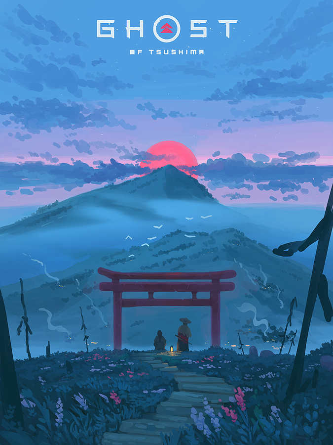 2boys, bird, clouds, flower, ghost_of_tsushima, grass, gydwin, hat