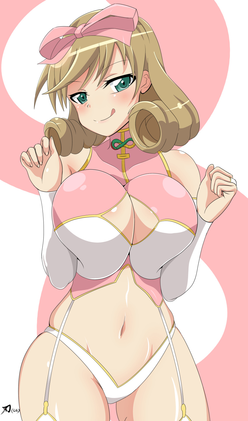 1girl, absurdres, amazing-black, bare_shoulders, belly, blonde_hair, bow, breast_squeeze, breasts, bridal_gauntlets, cleavage_cutout, detached_sleeves, garter_straps, green_eyes, hair_bow, hair_tubes, haruka_(senran_kagura), highres, large_breasts, looking_at_viewer, navel, revealing_clothes, senran_kagura, senran_kagura_shoujo-tachi_no_shin'ei, short_hair, solo, tongue, tongue_out