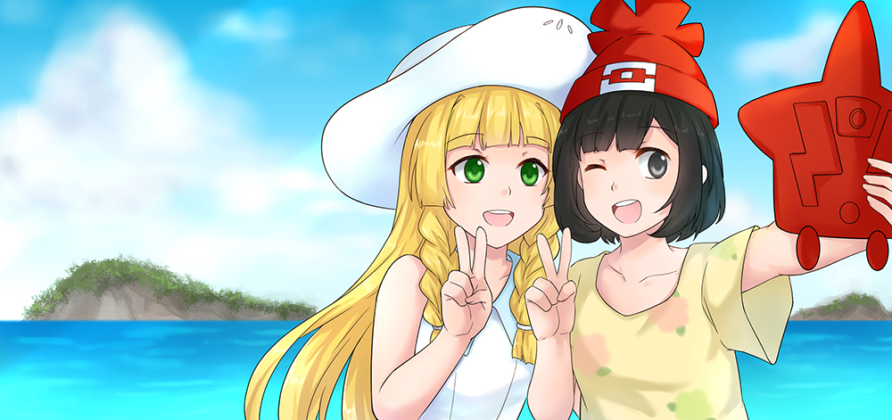 2girls, bangs, beanie, braid, clouds, collarbone, day, dress
