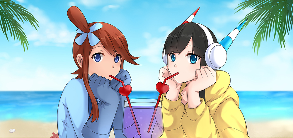 2girls, bangs, black_hair, blue_eyes, blue_gloves, blunt_bangs, clouds, commentary_request