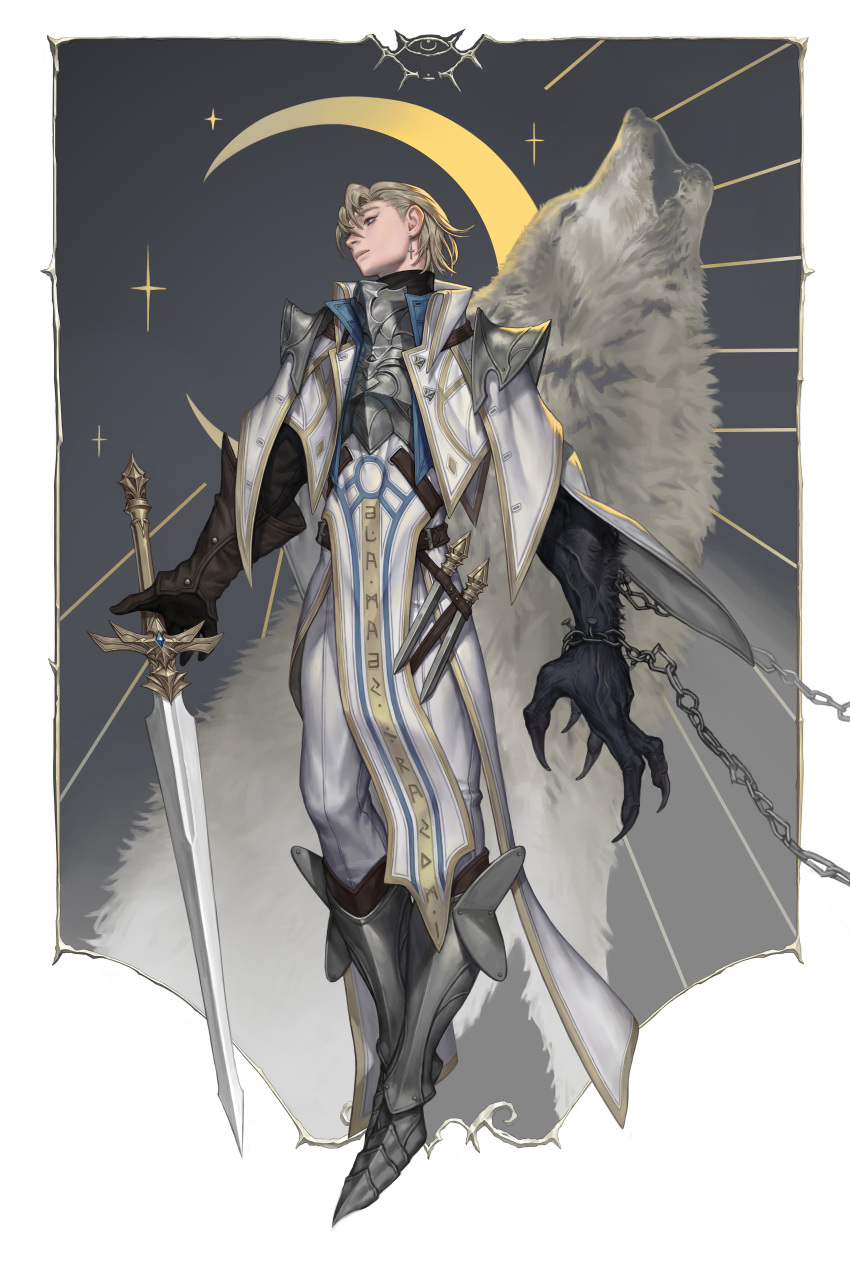 1boy, absurdres, armor, bgy, blonde_hair, blue_eyes, breastplate, brown_gloves