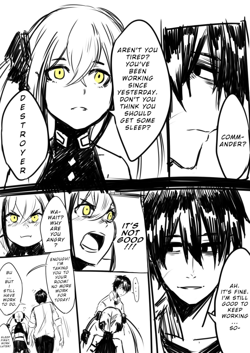 1boy, 1girl, 7koma, bags_under_eyes, blush, commander_(girls_frontline), destroyer_(girls_frontline), english_text
