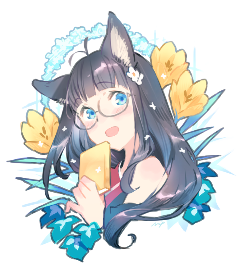 1girl, animal_ear_fluff, animal_ears, antenna_hair, bangs, black-framed_eyewear, black_hair, black_kimono, blue_eyes, blush, book, copyright_request, cropped_torso, eyebrows_visible_through_hair, flower, hair_flower, hair_ornament, hand_up, holding, holding_book, japanese_clothes, kimono, long_hair, looking_at_viewer, maeya_susumu, motoyama_rano, open_mouth, semi-rimless_eyewear, simple_background, sleeveless, sleeveless_kimono, solo, under-rim_eyewear, upper_body, white_background, white_flower, yellow_flower