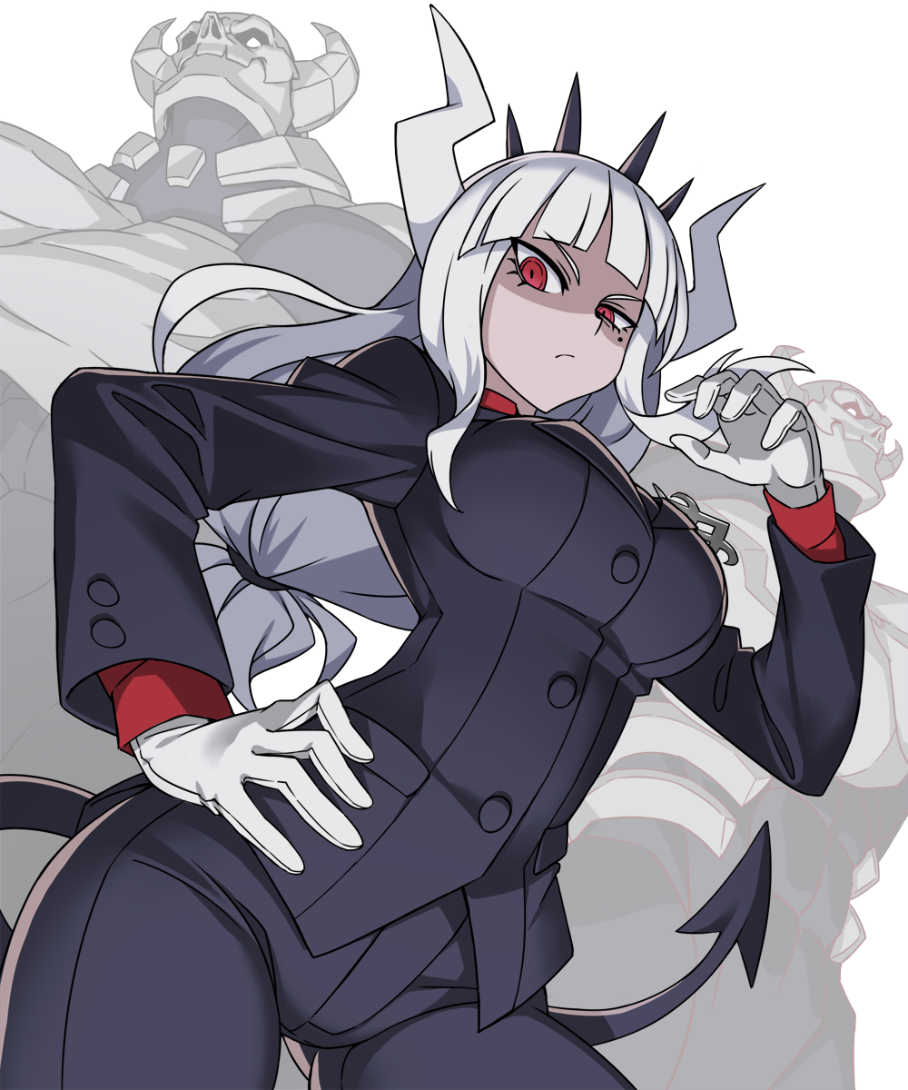 1girl, ass_visible_through_thighs, bangs, black_tail, blunt_bangs, breasts, business_suit, closed_mouth