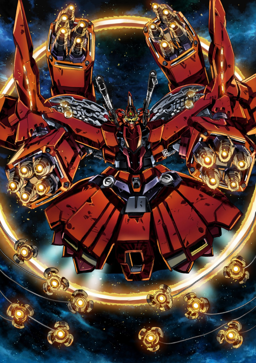 commentary, dual_wielding, flying, from_below, garimpeiro, gun, gundam, gundam_unicorn