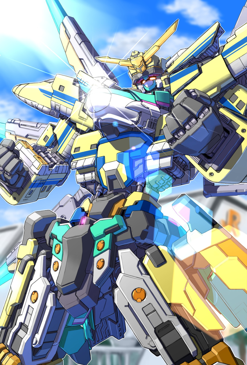 clenched_hands, e5_x_doctor_yellow, glowing, glowing_eyes, highres, looking_up, mecha, no_humans