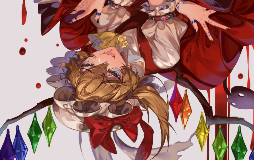 1girl, artist_name, black_nails, blonde_hair, blood, blood_drip, blue_eyes, bow