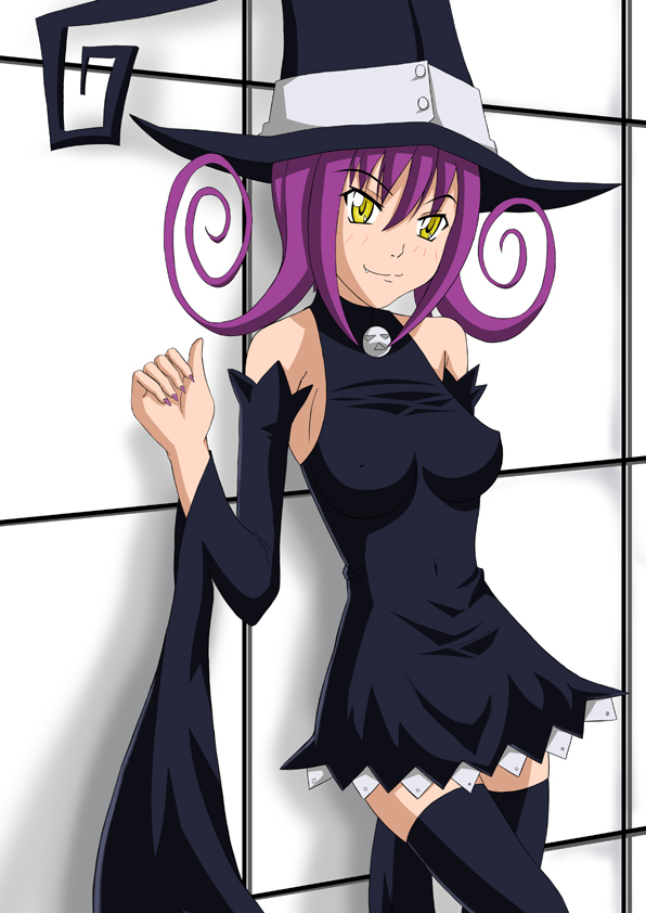 fang, hat, muku, purple_hair, soul_eater, thigh-highs, thighhighs, witch_hat