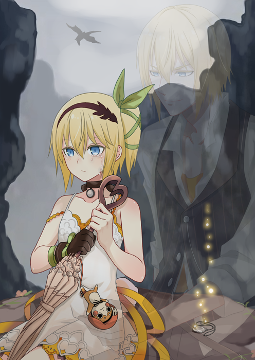 1boy, 1girl, asymmetrical_gloves, black_gloves, black_hairband, black_ribbon, black_vest, blonde_hair
