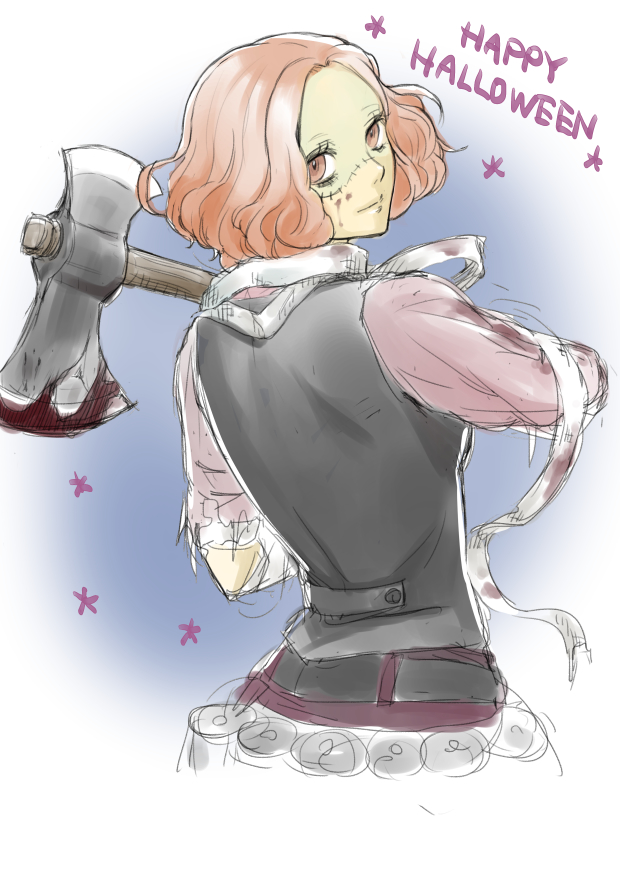 1girl, axe, blood, blood_on_face, bloody_axe, brown_eyes, closed_mouth, from_behind
