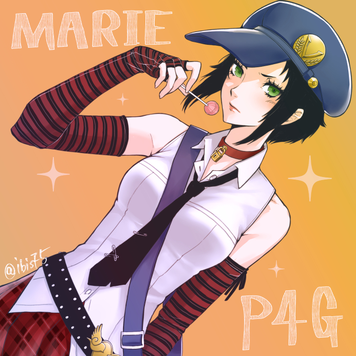 1girl, black_hair, black_neckwear, blue_headwear, character_name, choker, closed_mouth, collared_shirt