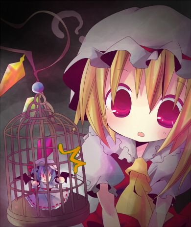 /\/\/\, 2girls, :o, ana_(artist), ana_(rznuscrf), bat_wings, blonde_hair, cage