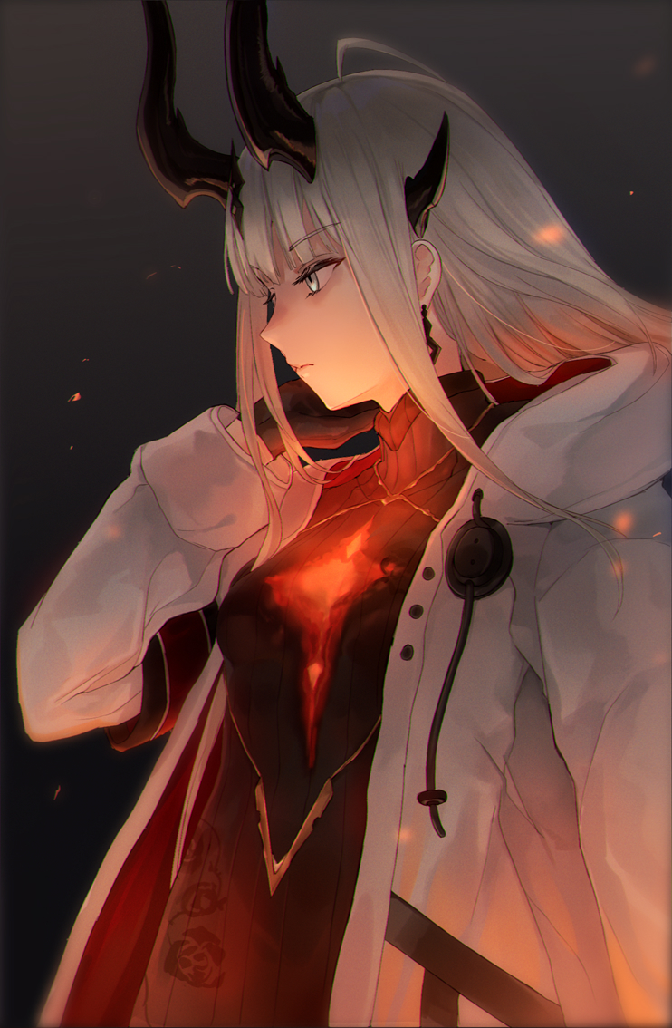 1girl, aqua_eyes, arknights, bangs, black_gloves, black_sweater, dark, dragon_girl