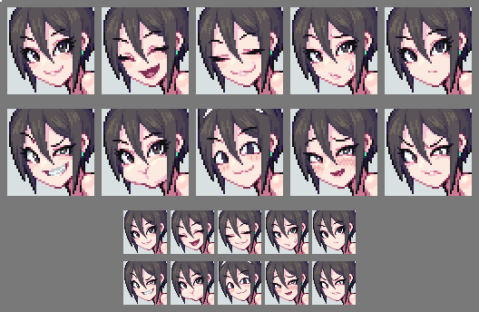 1girl, alternate_hair_color, angry, blush, brown_hair, commentary, eyebrows_visible_through_hair, grey_eyes, hair_between_eyes, idolmaster, idolmaster_cinderella_girls, multiple_views, pixel_art, portrait, pout, rm, shiomi_shuuko, short_hair, smirk, smug, sweatdrop