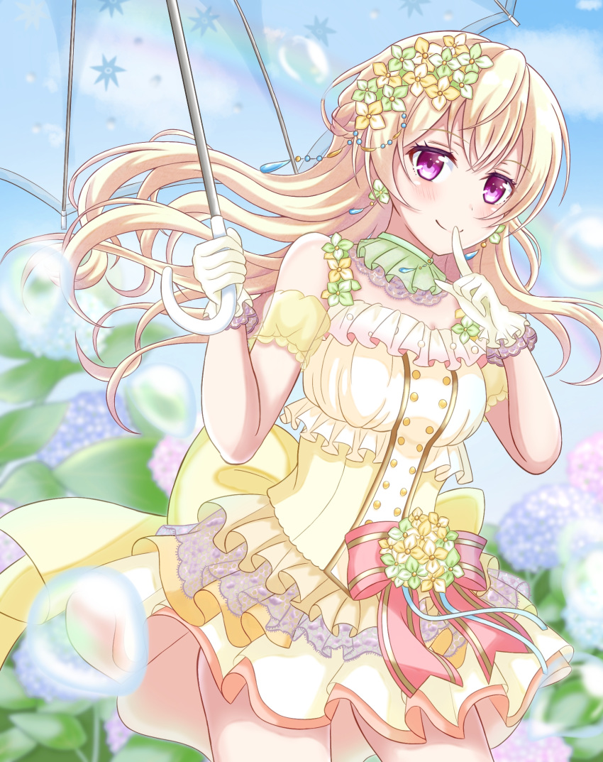 1girl, back_bow, bang_dream!, bangs, bare_shoulders, blonde_hair, blue_sky, blush