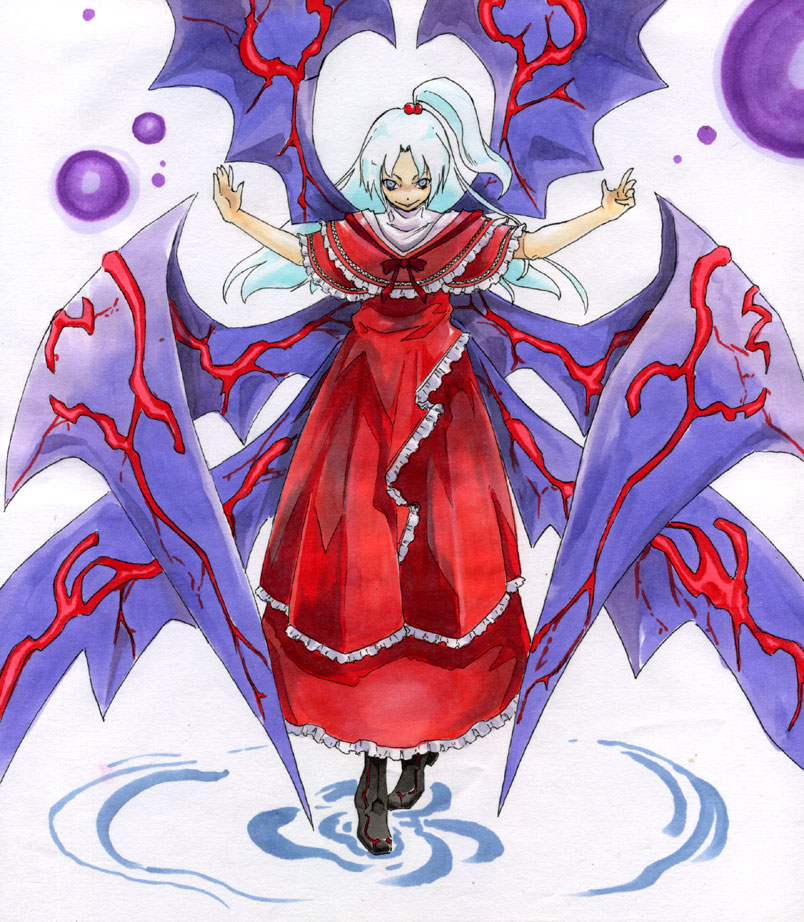 blue_hair, carrier_(pixiv), long_hair, multiple_wings, shinki, solo, touhou, touhou_(pc-98)