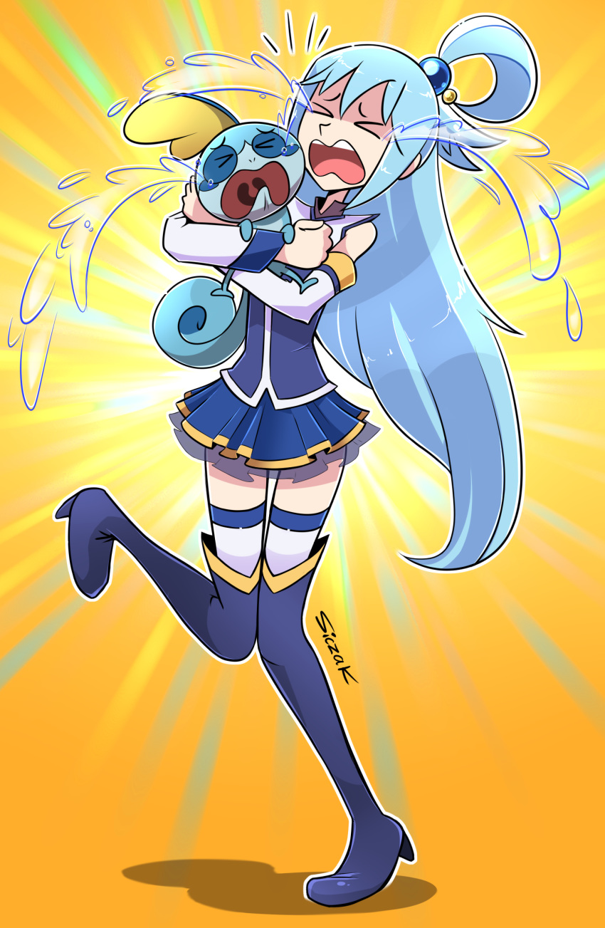 >_<, 1girl, aqua_(konosuba), blue_footwear, blue_hair, blue_shirt, blue_skirt, boots, crossover, crying, gen_8_pokemon, hair_ornament, head_fins, high_heels, highres, hug, kono_subarashii_sekai_ni_shukufuku_wo!, leg_up, long_hair, miniskirt, open_mouth, pokemon, pokemon_(creature), pokemon_(game), pokemon_swsh, shirt, siczak, skirt, sleeveless, sobbing, sobble, tail, tears, uvula, white_sleeves, yellow_background