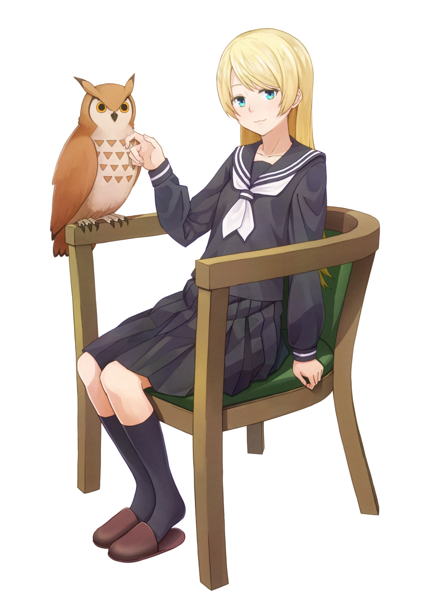 1girl, :3, animal, bangs, bird, black_blouse, black_legwear, black_serafuku