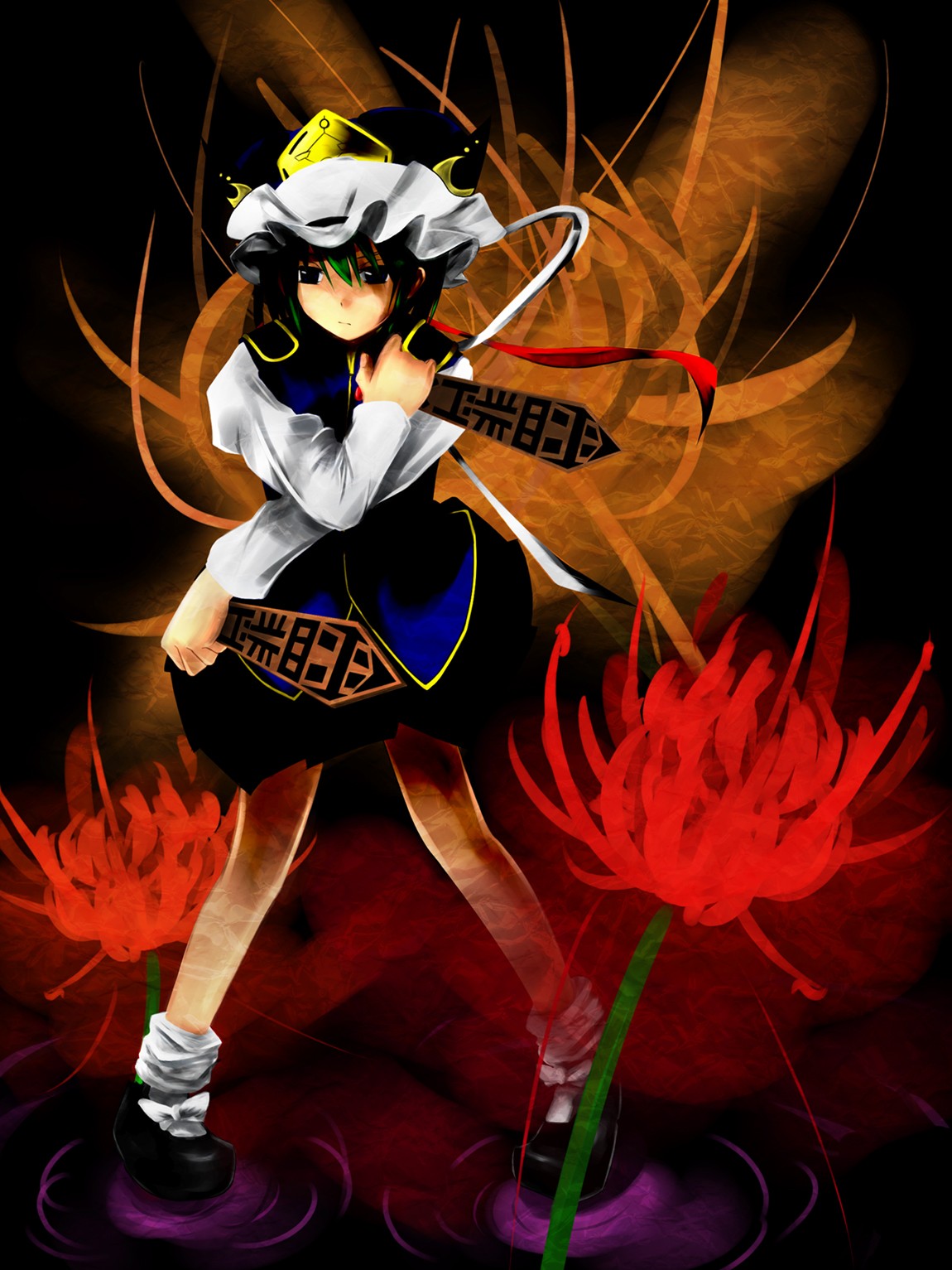 black_eyes, crossed_arms, dual_wielding, flower, green_hair, hat, highres, loose_socks