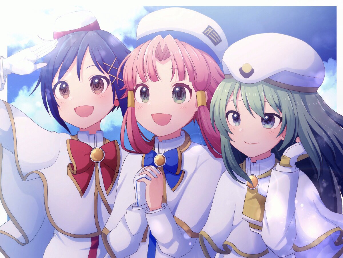 3girls, aika_granzchesta, alice_carroll, aria, aria_company_uniform, bow, bowtie, capelet