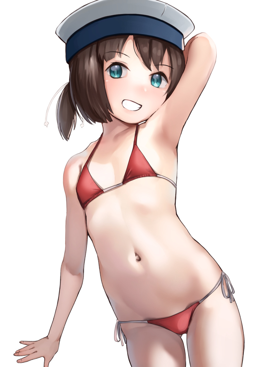 1girl, alternate_costume, aqua_eyes, arm_behind_head, arm_up, armpits, ass_visible_through_thighs, bare_shoulders
