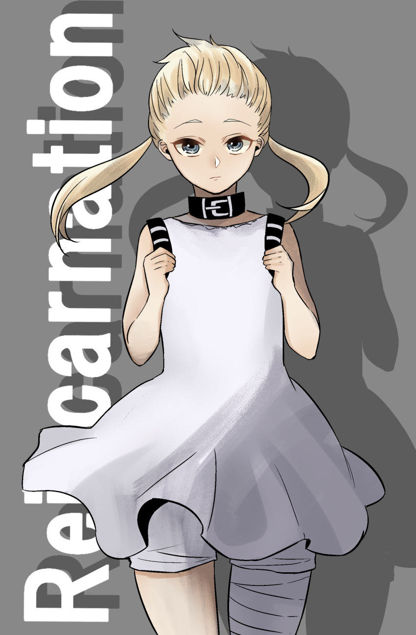 1girl, absurdres, bandaged_leg, bandages, black_collar, blonde_hair, blue_eyes, closed_mouth, collar, copyright_name, cowboy_shot, dress, flat_chest, grey_background, hands_up, highres, long_hair, looking_at_viewer, nier_(series), nier_reincarnation, no_bangs, sakurada_akira, shorts, shorts_under_dress, silhouette, sleeveless, sleeveless_dress, solo, twintails, white_dress, white_shorts