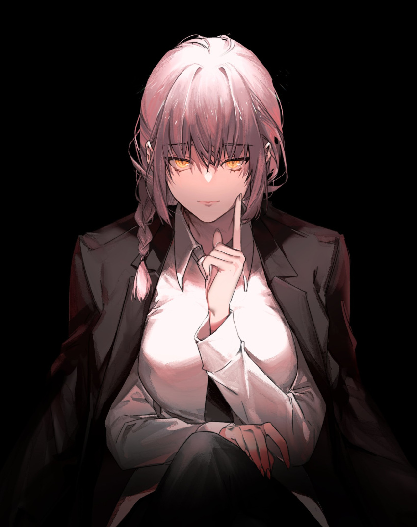 1girl, bangs, black_background, black_neckwear, black_pants, braid, braided_ponytail, breasts, brown_hair, business_suit, chainsaw_man, crossed_legs, eyebrows_visible_through_hair, formal, glowing, glowing_eyes, hand_on_lap, highres, index_finger_raised, jacket, jacket_on_shoulders, light_smile, long_hair, long_sleeves, looking_at_viewer, makima_(chainsaw_man), medium_breasts, necktie, pants, ringed_eyes, shirt, smile, solo, suit, tobunchudoku, white_shirt, yellow_eyes