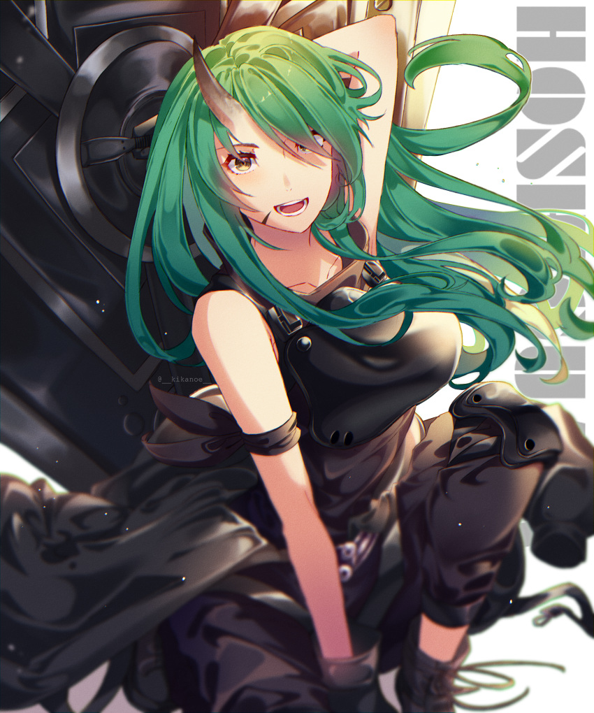 1girl, :d, absurdres, arknights, arm_behind_back, arm_scarf, armor, bare_shoulders