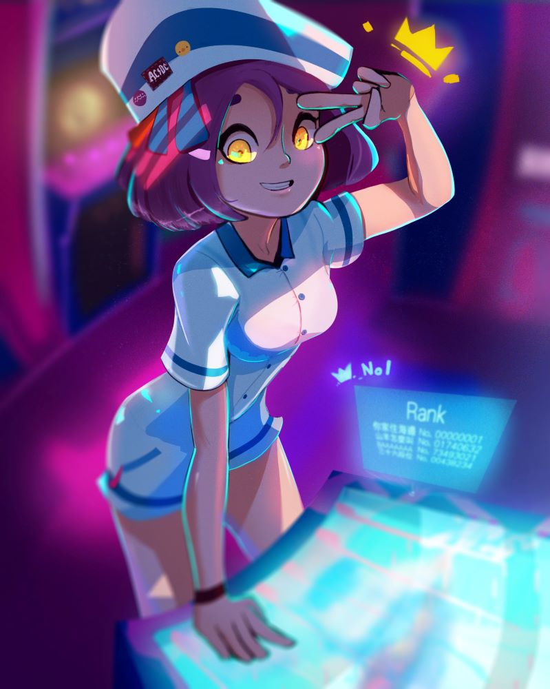 1girl, :d, acdc, arcade, arcade_cabinet, arm_support, badge, bangs