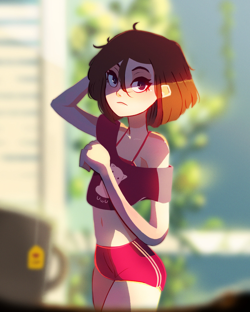 1girl, :<, absurdres, animal_print, blurry, bob_cut, bra, bra_peek, brown_hair, cat_print, commentary_request, cowboy_shot, crop_top, cropped_shirt, crotch_seam, cup, depth_of_field, dolphin_shorts, film_grain, flat_chest, frown, hair_between_eyes, hand_behind_head, hand_on_own_chest, hands_up, highres, lamb_goes_baaaaa, legs_together, messy_hair, micro_shorts, midriff, mug, multicolored, multicolored_clothes, multicolored_shorts, navel, off_shoulder, original, photoshop_(medium), print_shirt, red_bra, red_shorts, shade, shirt, short_hair, shorts, side_slit, side_slit_shorts, skinny, spaghetti_strap, standing, striped, striped_legwear, striped_shorts, taut_clothes, taut_shorts, tea, thighs, two-tone_legwear, two-tone_shorts, underwear, vertical-striped_legwear, vertical_stripes, violet_eyes