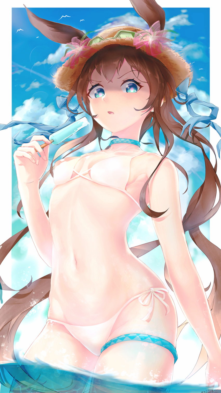 1girl, absurdres, amiya_(arknights), animal_ears, arknights, bangs, bikini, blue_eyes
