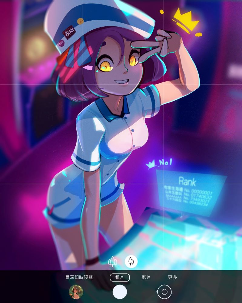 1girl, :d, acdc, arcade, arcade_cabinet, arm_support, badge, bangs