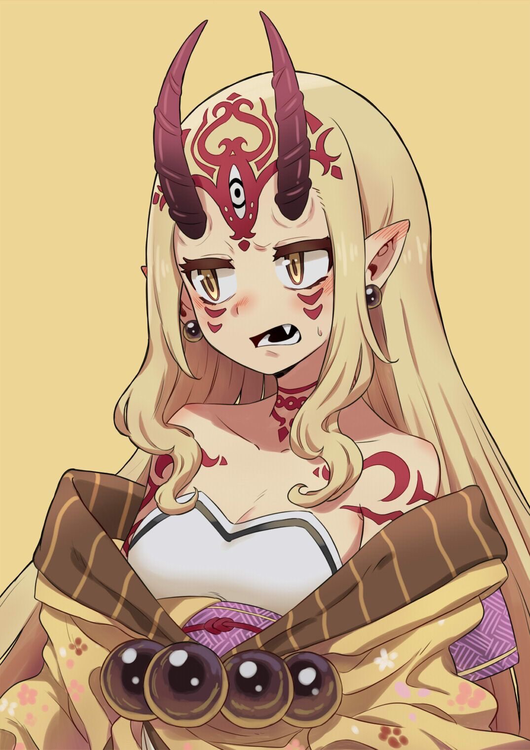 1girl, blonde_hair, earrings, fang, fate/grand_order, fate_(series), highres, horns