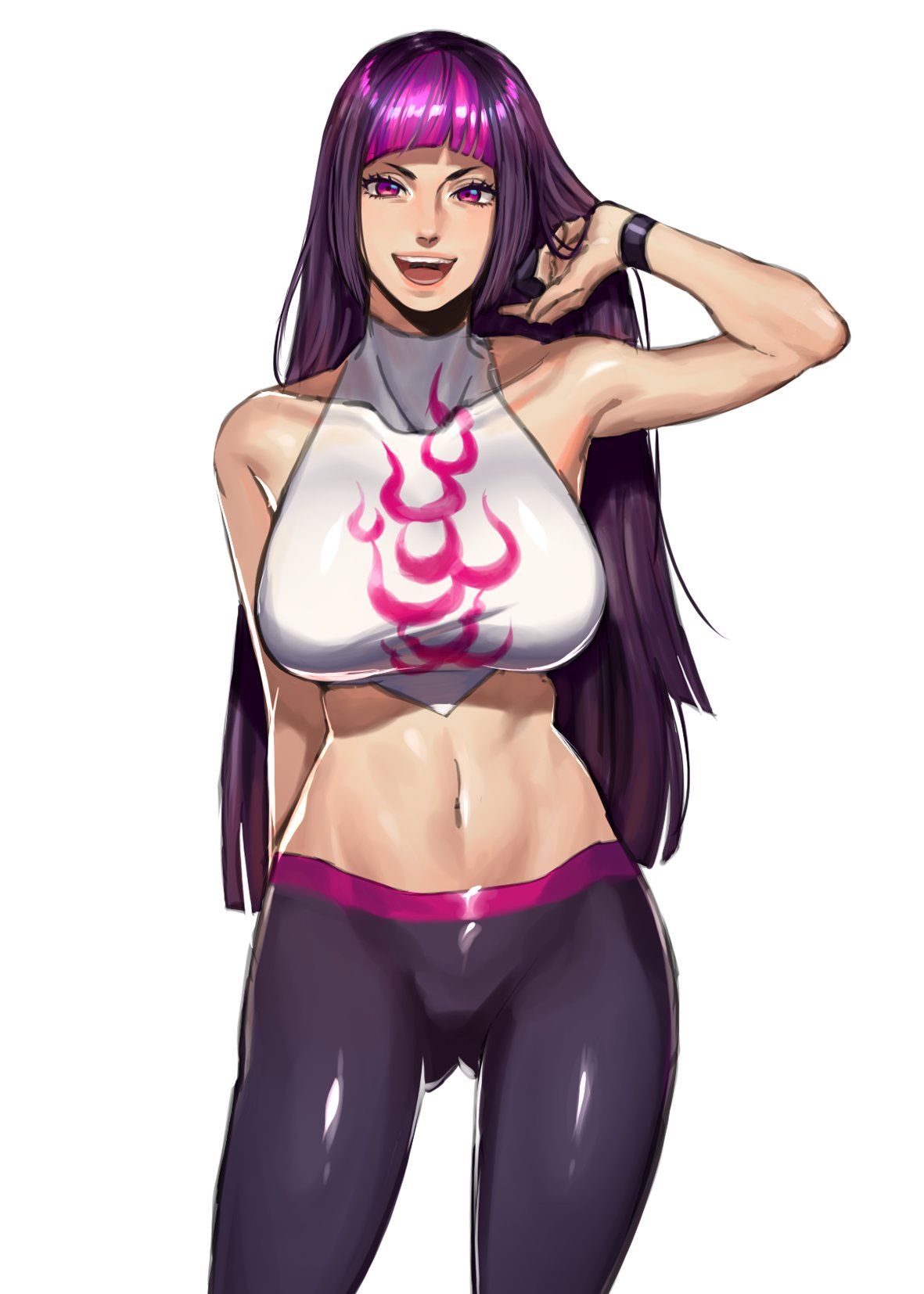 1girl, abs, arm_at_side, ass_visible_through_thighs, bangs, black_pants, blunt_bangs, chinese_clothes, collarbone, commentary, cowboy_shot, dudou, english_commentary, eyelashes, facing_viewer, gloves, hair_flaps, han_juri, hanny_(nhim), highres, lips, looking_at_viewer, multicolored_hair, open_mouth, pants, partly_fingerless_gloves, pink_eyes, pink_hair, purple_hair, shiny, shiny_clothes, skin_tight, smile, solo, standing, street_fighter, street_fighter_v, two-tone_hair, white_background, yoga_pants