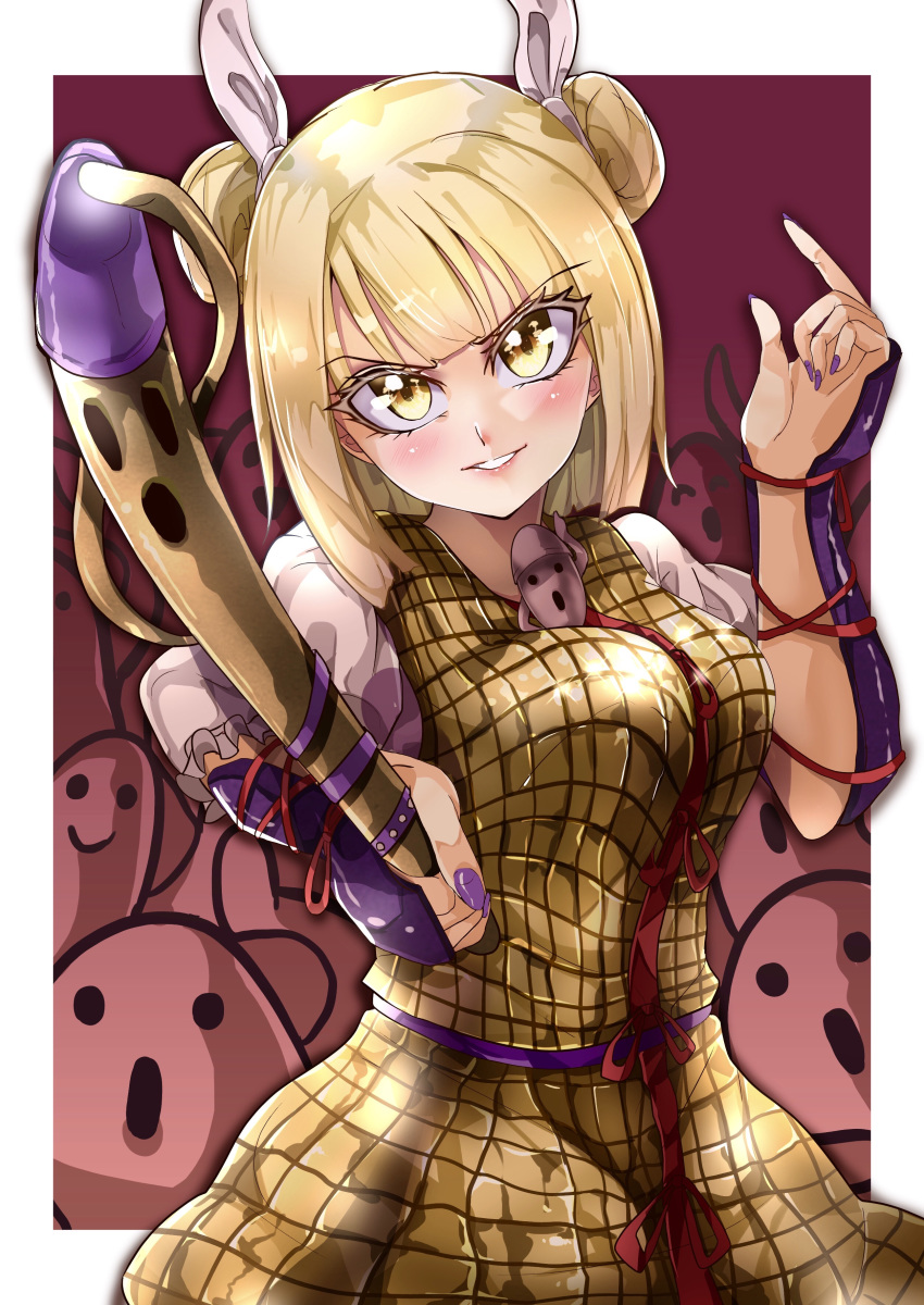 1girl, absurdres, armor, armored_dress, arms_up, bangs, blonde_hair, blunt_bangs