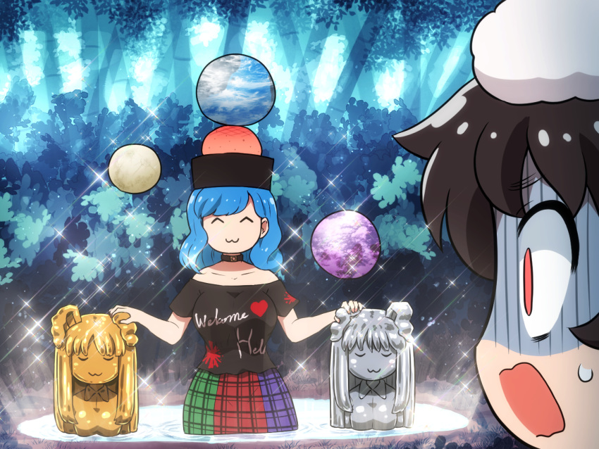2girls, :3, ^_^, animal_ears, bamboo, bamboo_forest, black_shirt, blue_hair