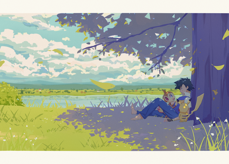 1boy, against_tree, ak1, barefoot, black_hair, blue_pants, chimchar, clouds