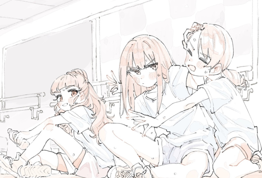 3girls, bangs, blush, bottle, braid, braided_bun, closed_eyes, dance_studio