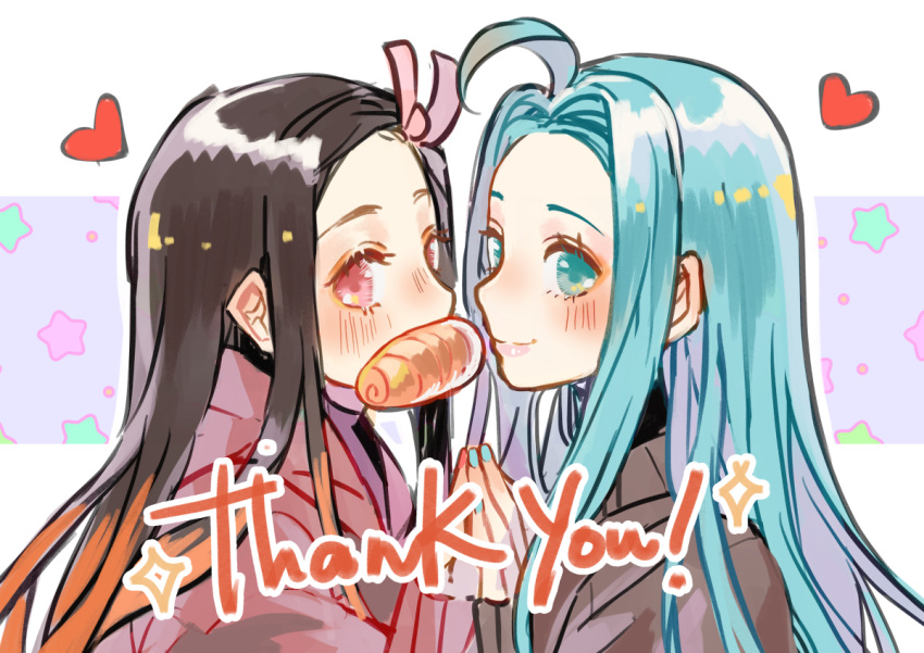 2girls, ahoge, black_hair, blue_eyes, blue_hair, blue_nails, granblue_fantasy, hair_intakes