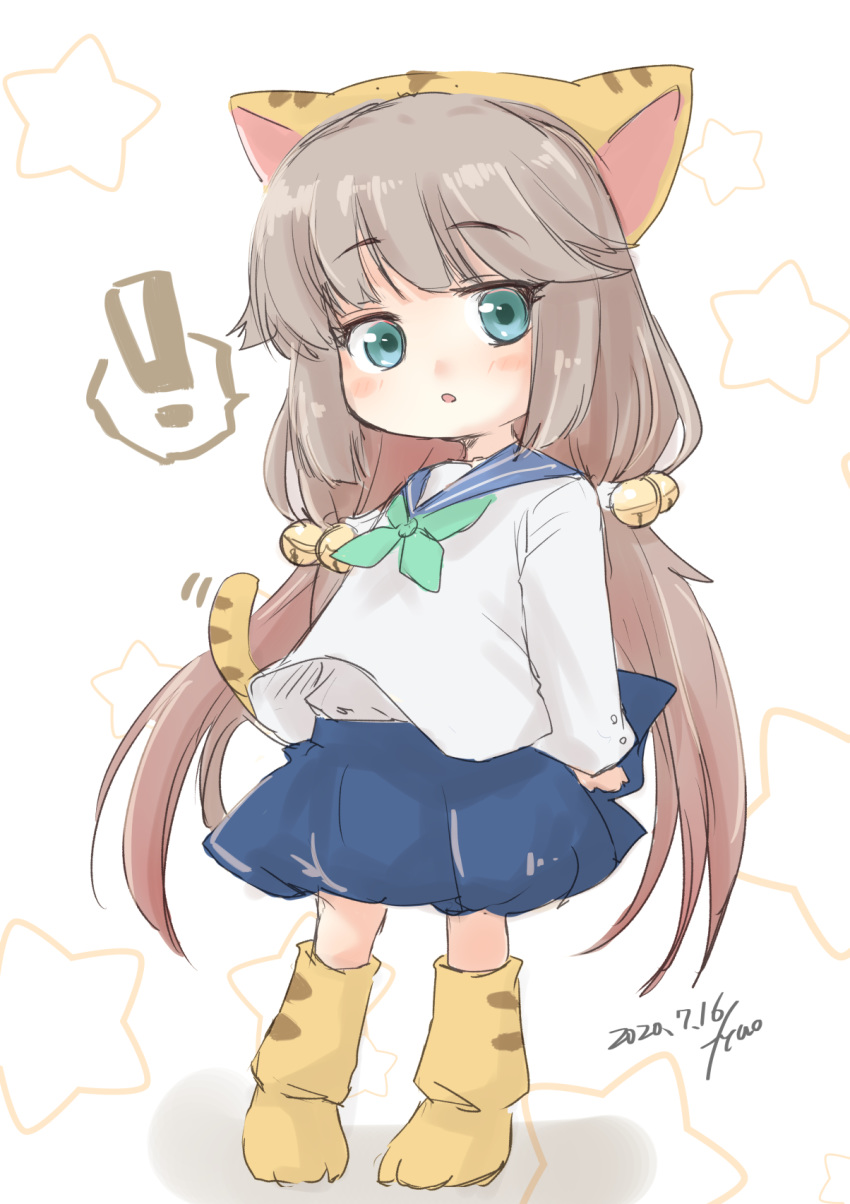 !, 1girl, animal_hat, beige_background, blue_sailor_collar, blue_skirt, bow, cat_hat