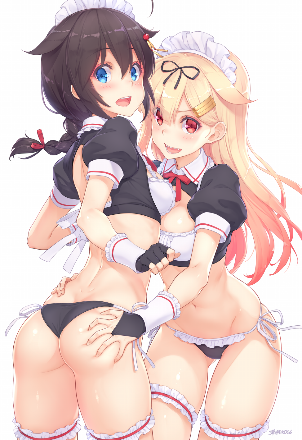 2girls, :d, adapted_costume, ahoge, ass, ass_grab, ass_visible_through_thighs, bangs