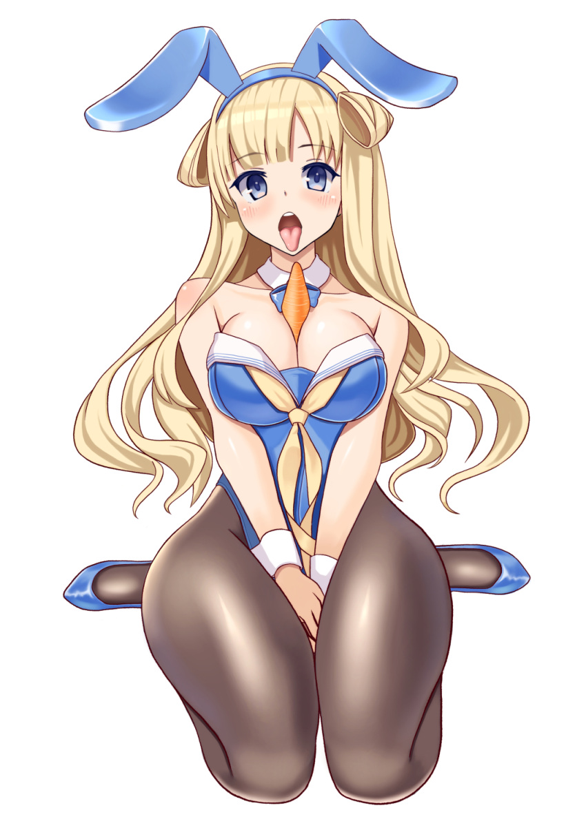 1girl, animal_ears, arms_between_legs, between_breasts, black_legwear, blonde_hair, blue_eyes, blue_footwear