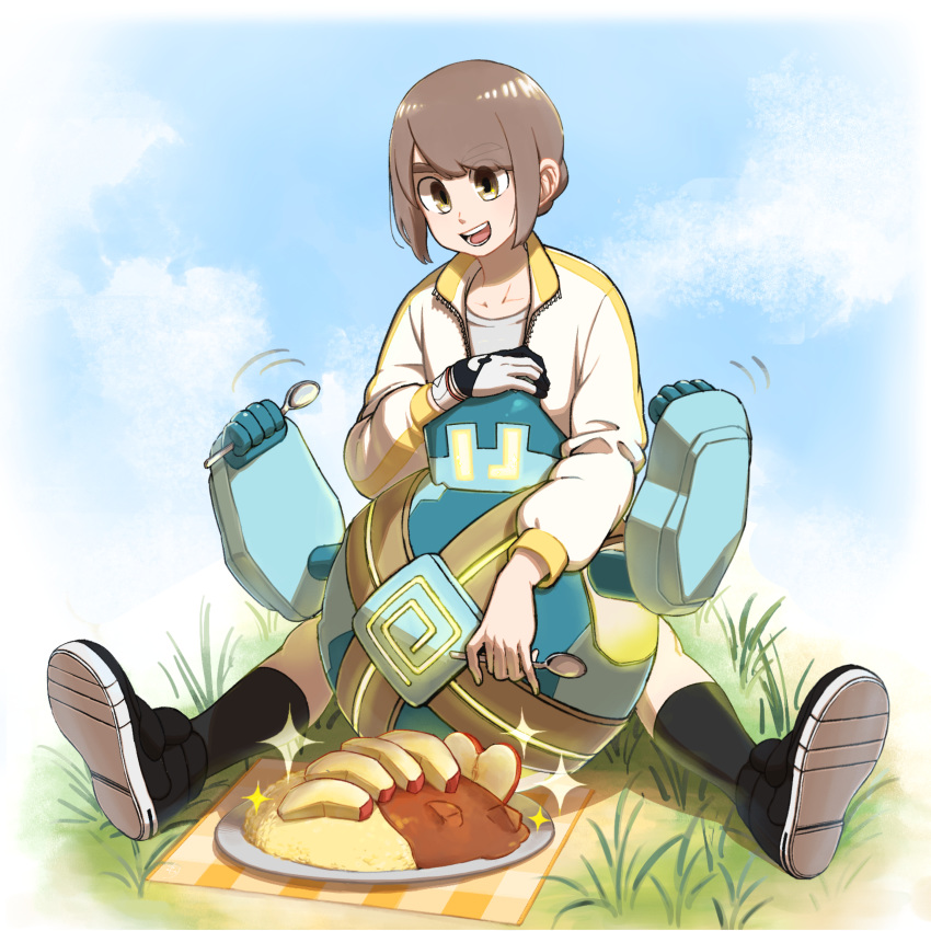 absurdres, bangs, black_footwear, black_legwear, brown_hair, clouds, collarbone, commentary_request