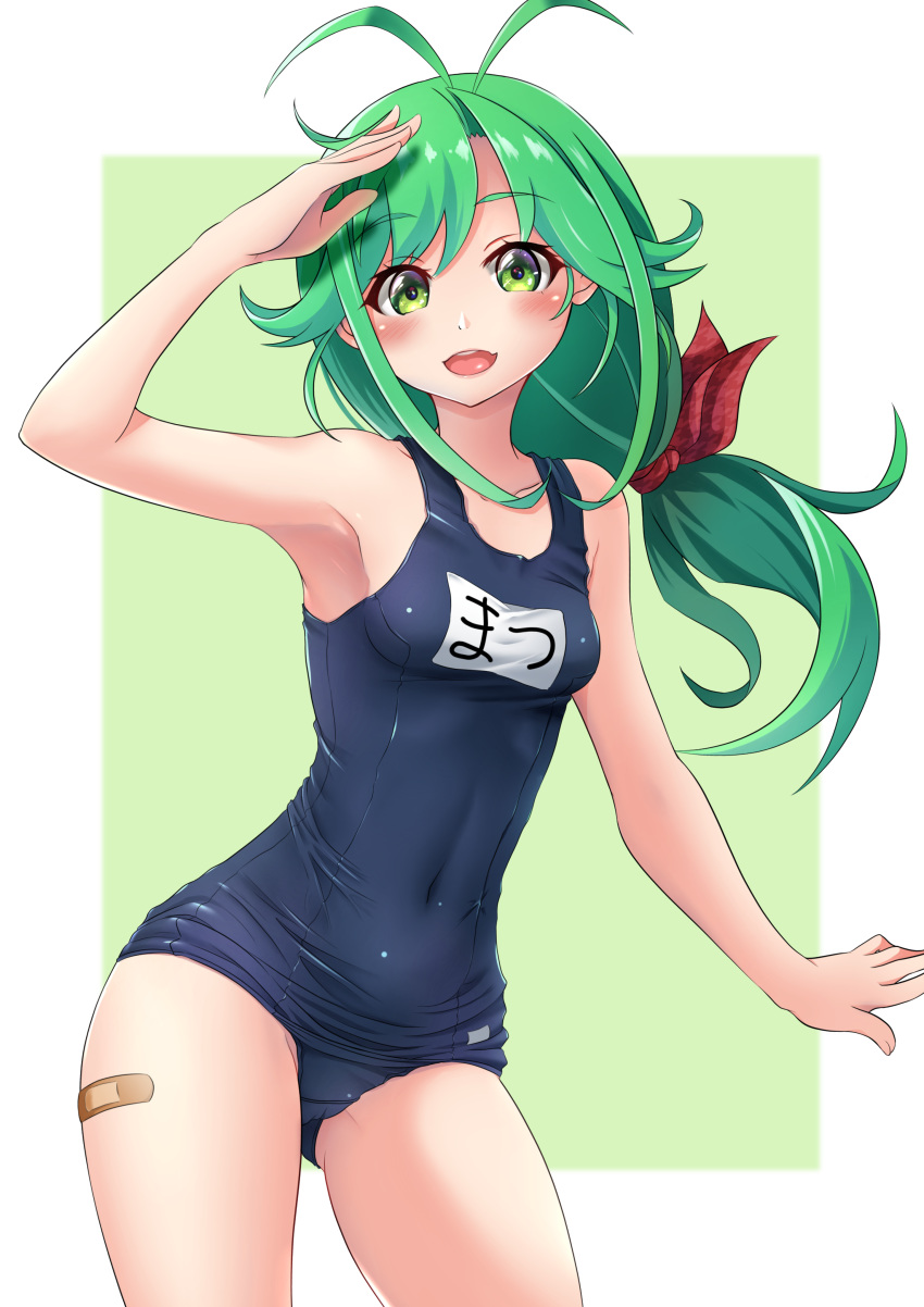 1girl, absurdres, alternate_costume, antenna_hair, bandaid, bandaid_on_leg, blush, breasts