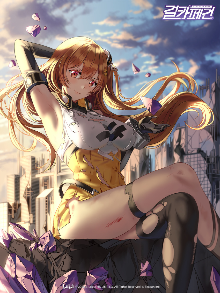 1girl, arm_behind_head, arm_up, armpits, black_gloves, black_legwear, breasts, brown_hair